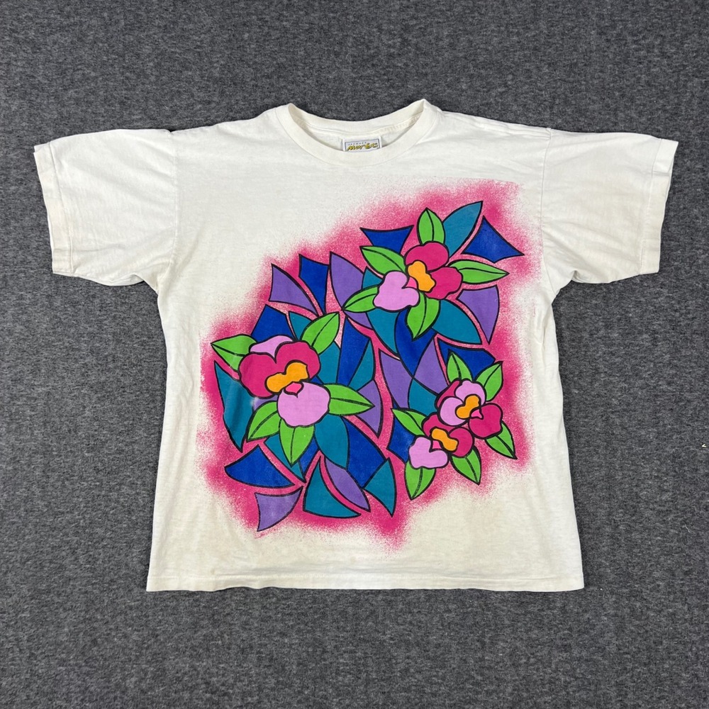 Vintage Jacques Moret Floral AOP T-Shirt Womens OS White Single Stitch Made USA
